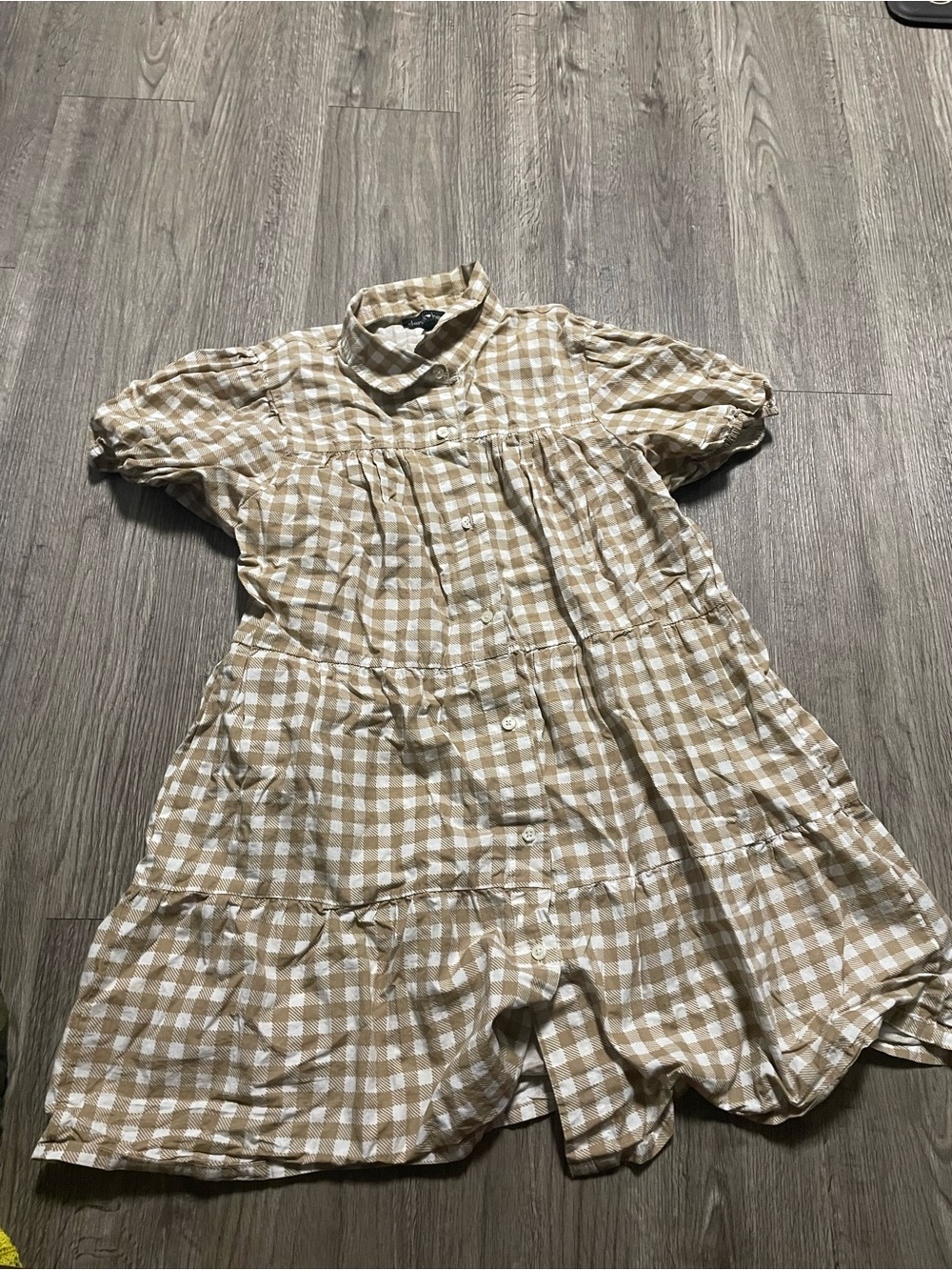 Girls' Tan and White Gingham Tiered Button-Front Dress